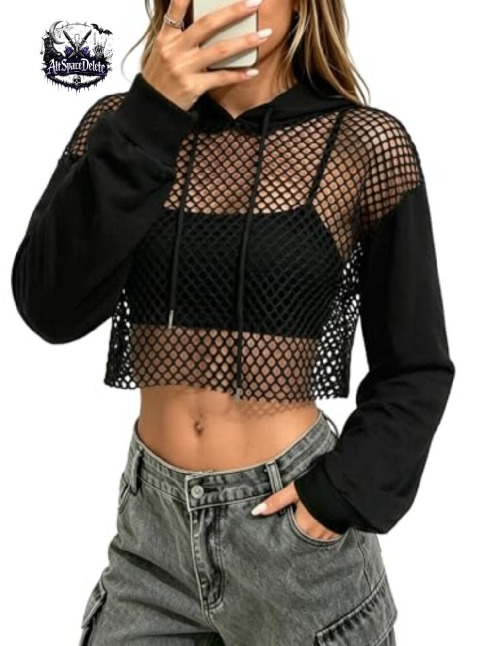 Cropped Hoodie Fishnet Mesh Long Sleeve Crop Top Sweatshirt